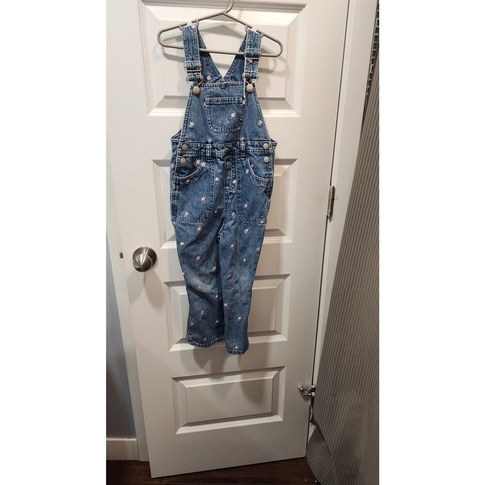 Y2K Vintage-Inspired Faded Glory Overalls 4T with Pink Floral Embroidery